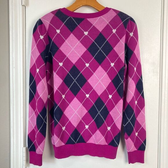 LOFT Argyle Sweater Puff Sleeve Heart Detail 100% Cotton Pullover Purple Pink M - Picture 3 of 9